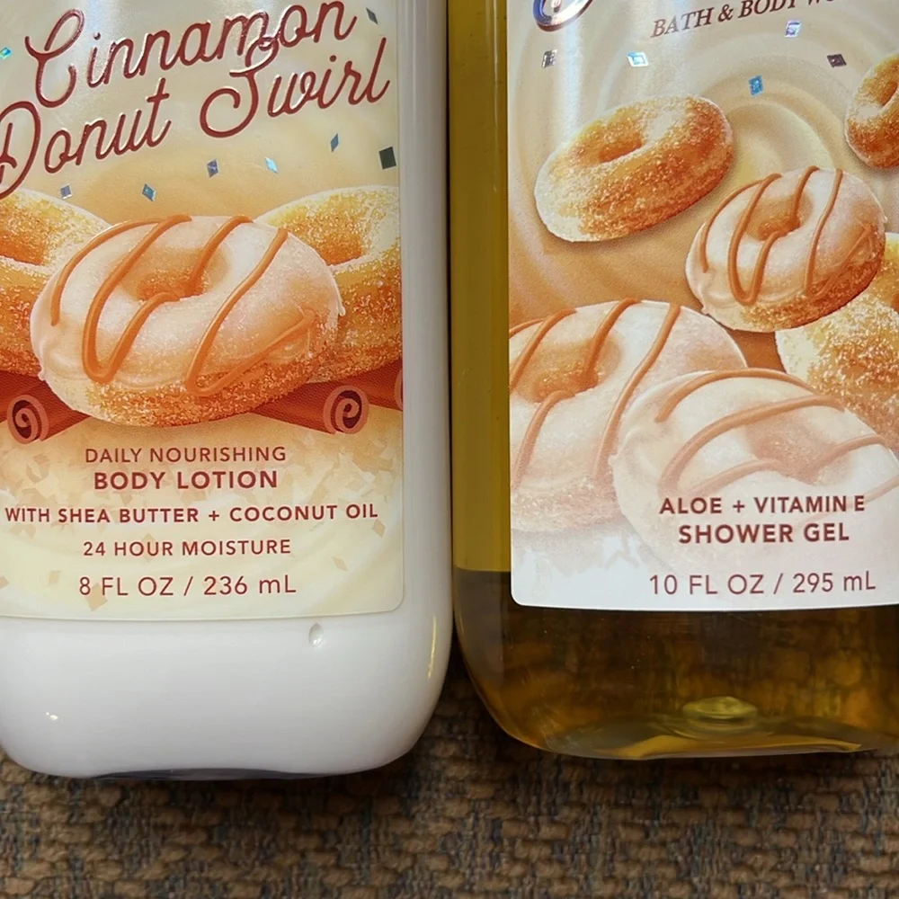 Bath and body cinnamon donut swirl body wash and lotion